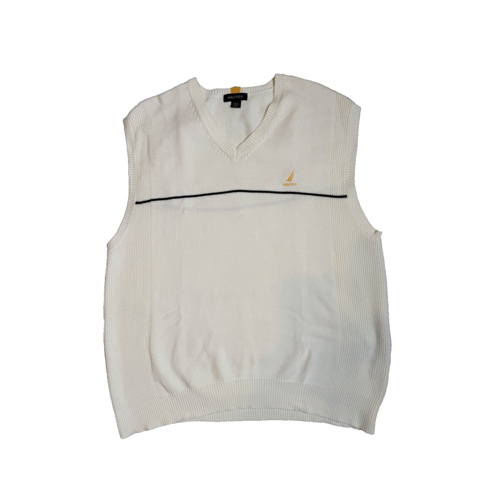 Nautica Men’s Cotton Knit Vest Size 2XL Ivory With Blue Stripe Yellow Logo